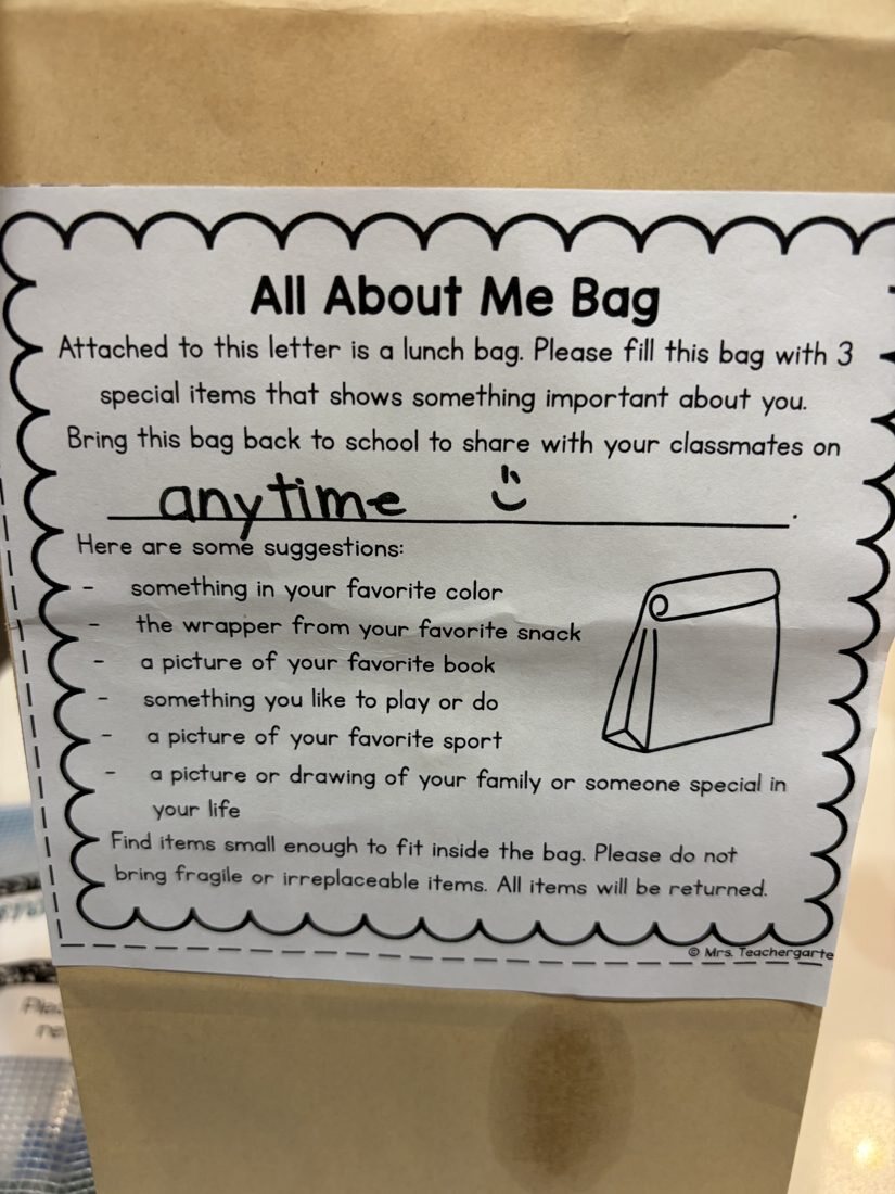 The All About Me Bag assignment sheet
