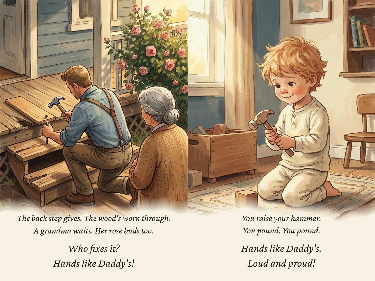 Sample spread from Hands Like Daddy's showing a trade scene